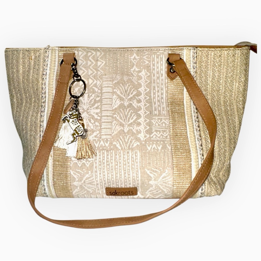 Sakroots Meadow Boho Tan and Cream Tote Bag with horse keychain